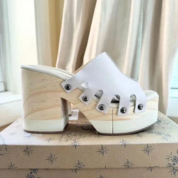 New Free People Cassis Clogs Shoe Wooden Leather Sandal Platform Heeled Stud - Picture 3 of 11